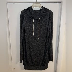 Size L, Express, tunic sweater with a hood. A dark charcoal color.